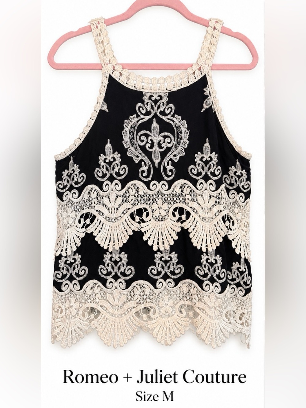 Romeo + Juliet Couture Black & Ivory Embroidered Lace Tank Top Size M Boho Y2K